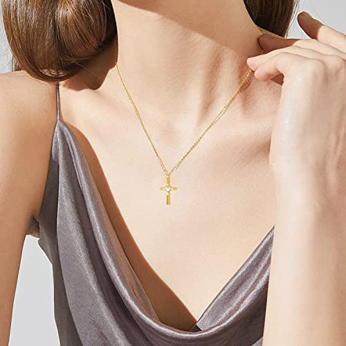 14K Gold Birthstone Cross Necklace - Laser Diamond Cut