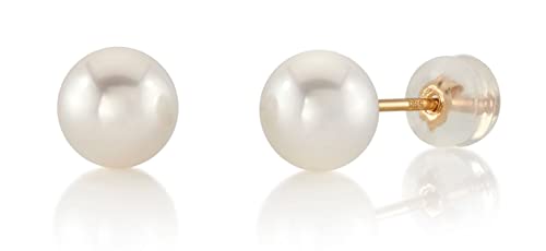 14k Gold Stud Earrings with White Pearls, Hypoallergenic
