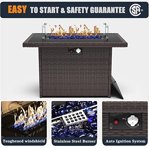 44" Propane Gas Fire Pit Table with Glass Wind Guard