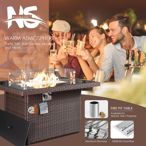 NICESOUL® 43'' Rectangular Gas Firepit with Glass Rocks