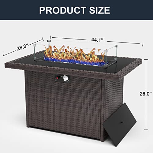 44" Propane Gas Fire Pit Table with Glass Wind Guard