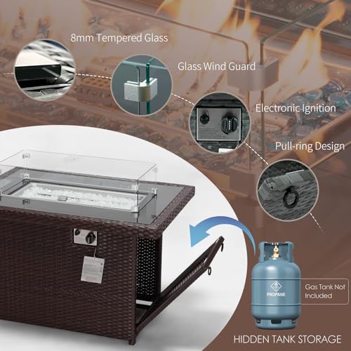NICESOUL® 43'' Rectangular Gas Firepit with Glass Rocks