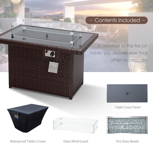 NICESOUL® 43'' Rectangular Gas Firepit with Glass Rocks