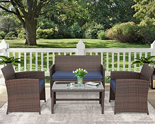 Dark Blue PE Wicker Ratten Conversation Set with Cushion