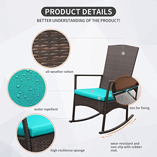 Turquoise Wicker Rocking Chair Set with Cushions