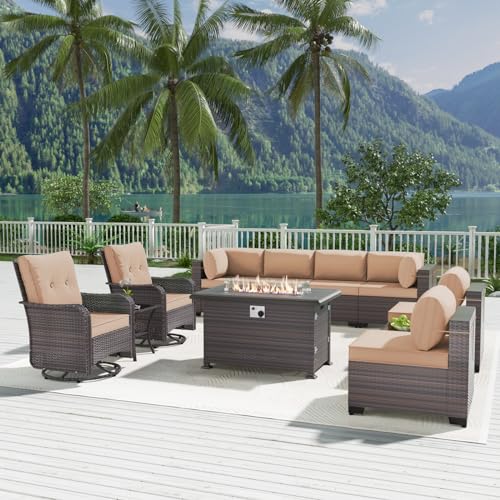 11-Piece Patio Furniture Set with Swivel Chairs & Fire Pit