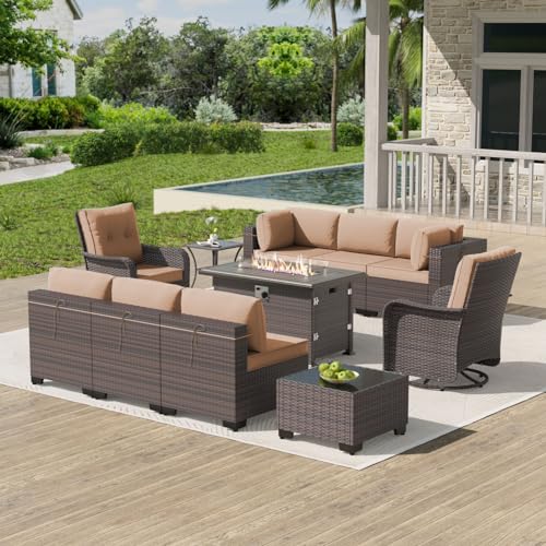 11-Piece Patio Furniture Set with Swivel Chairs & Fire Pit