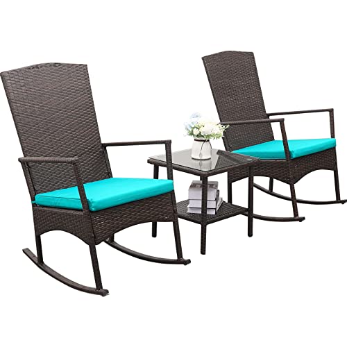 Turquoise Wicker Rocking Chair Set with Cushions