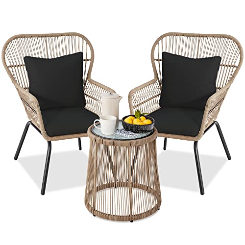3-Piece Outdoor Wicker Bistro Set with Cushions & Table