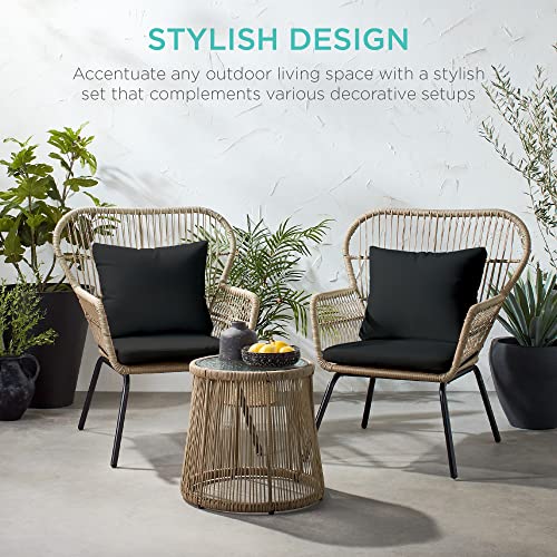 3-Piece Outdoor Wicker Bistro Set with Cushions & Table