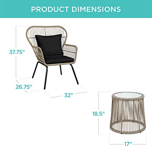 3-Piece Outdoor Wicker Bistro Set with Cushions & Table