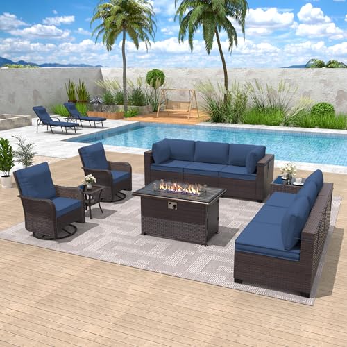 11pc Patio Furniture Set with Fire Pit & Swivel Chairs