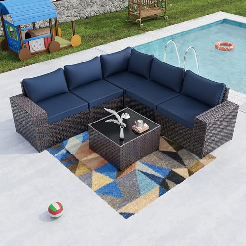 Kullavik 6PCS Outdoor Patio Sectional Sofa Set, Navy Blue