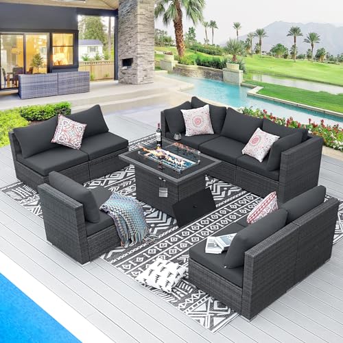 9Pcs-A Dark Grey Outdoor Sectional Set with Fire Pit