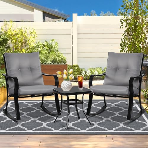 3-Piece Outdoor Rocking Chairs & Glass Coffee Table