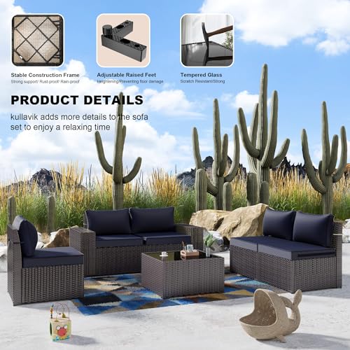 Kullavik 6PCS Outdoor Patio Sectional Sofa Set, Navy Blue