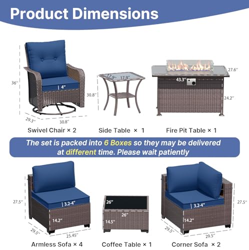 11pc Patio Furniture Set with Fire Pit & Swivel Chairs