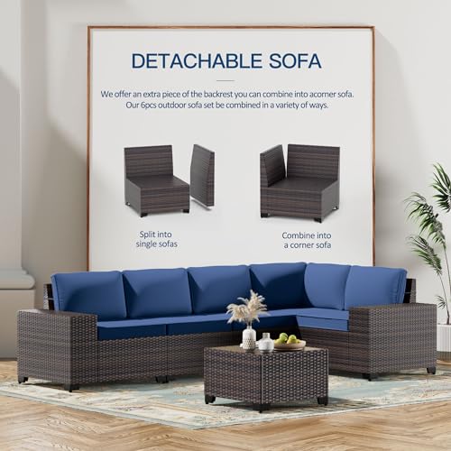 Kullavik 6PCS Outdoor Patio Sectional Sofa Set, Navy Blue