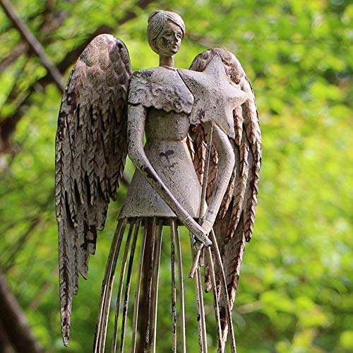 Antiqued Metal Garden Angel Statue with Star Wand
