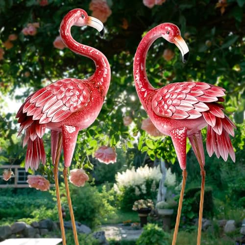 2-Pack Kircust Flamingo Garden Statues - Metal Outdoor Decor