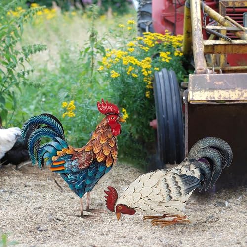 Metal Rooster & Chicken Garden Sculptures Set