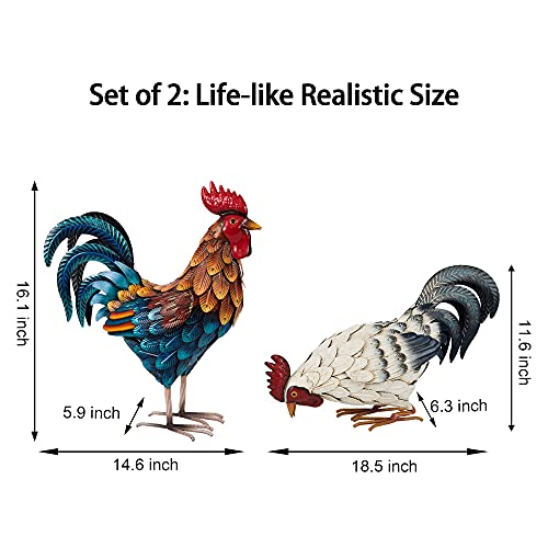 Metal Rooster & Chicken Garden Sculptures Set