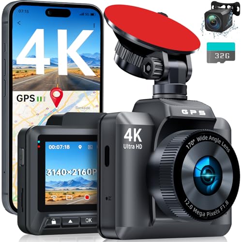 4K+1080P Dash Cam Front and Rear, WiFi GPS, 170° Wide, Night Vision