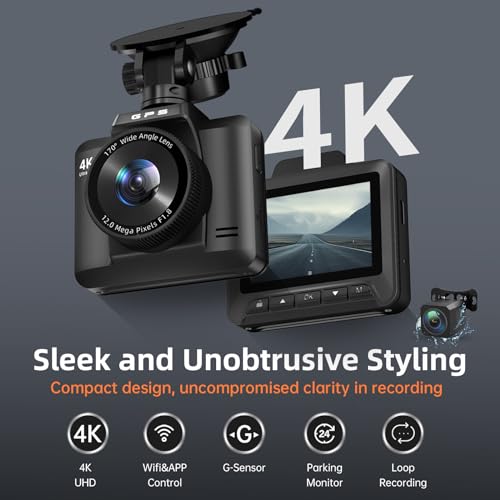 4K+1080P Dash Cam Front and Rear, WiFi GPS, 170° Wide, Night Vision