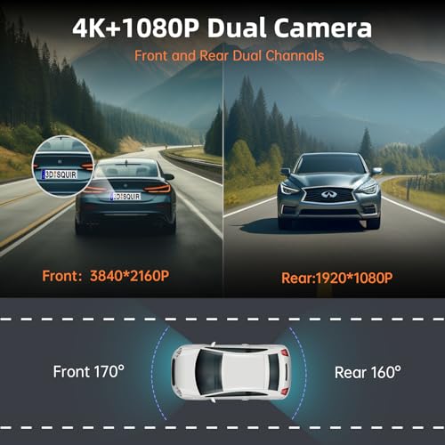 4K+1080P Dash Cam Front and Rear, WiFi GPS, 170° Wide, Night Vision