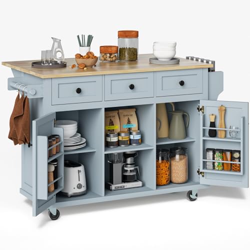 53in Rolling Kitchen Island with Drop Leaf, Storage, Blue