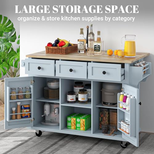 53in Rolling Kitchen Island with Drop Leaf, Storage, Blue