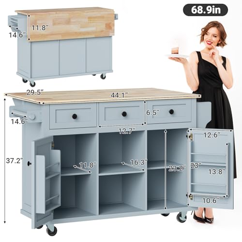53in Rolling Kitchen Island with Drop Leaf, Storage, Blue