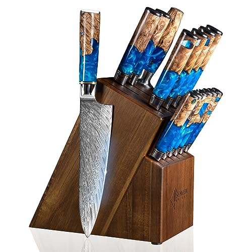 SENKEN 15-Piece Damascus Tsunami Collection Knife Set
