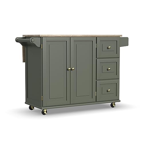 Mobile Kitchen Island Cart with Wood Top, Green