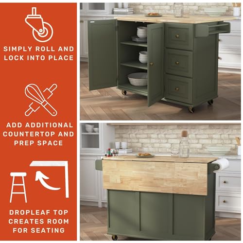 Mobile Kitchen Island Cart with Wood Top, Green