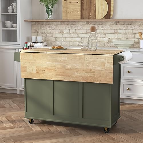 Mobile Kitchen Island Cart with Wood Top, Green