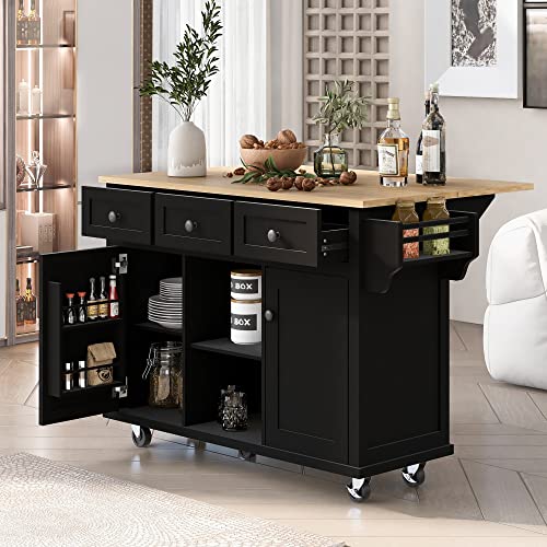 Black Kitchen Island with Drop-Leaf Countertop and Storage
