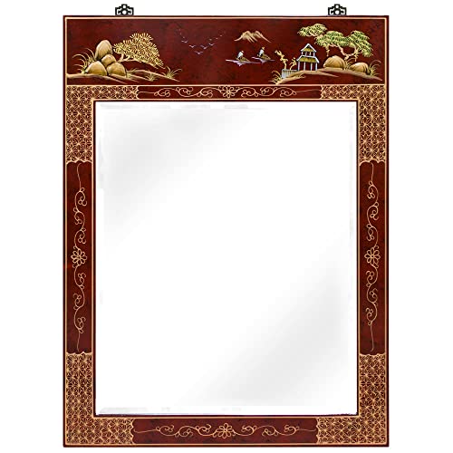 Red Lacquer Chinoiserie Scenery Oriental Vertical Mirror
