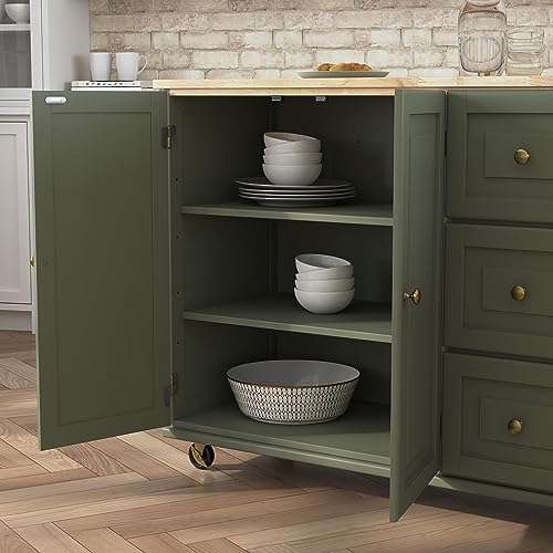 Mobile Kitchen Island Cart with Wood Top, Green