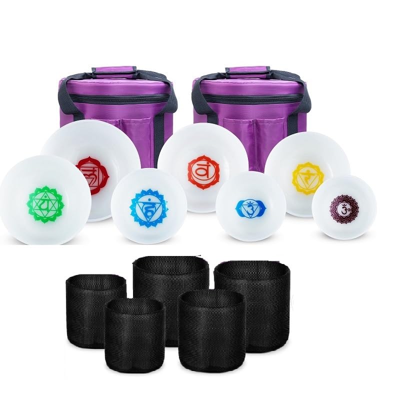 Crystal Singing Bowls Set with Chakra Symbols, 432hz