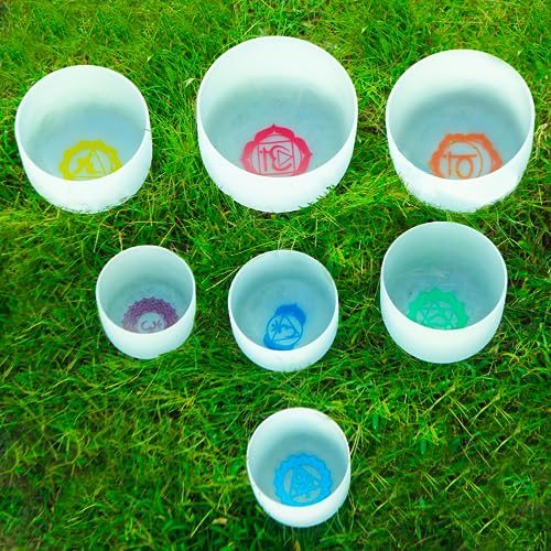 Crystal Singing Bowls Set with Chakra Symbols, 432hz