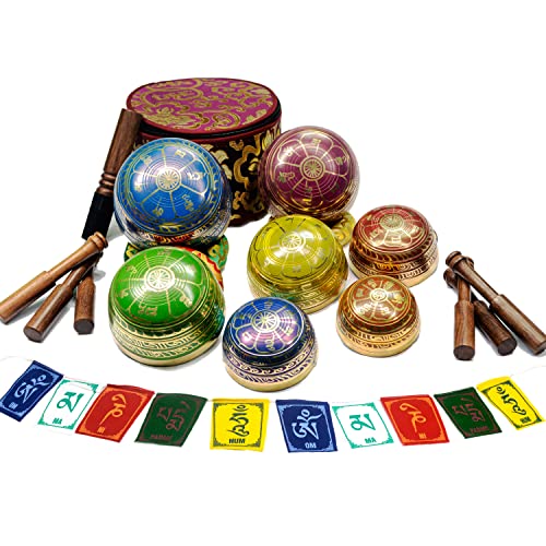 7-Metal Tibetan Singing Bowl Set with Chakra Colors