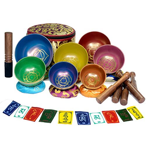 7-Metal Tibetan Singing Bowl Set with Chakra Colors