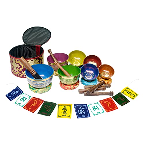 7-Metal Tibetan Singing Bowl Set with Chakra Colors