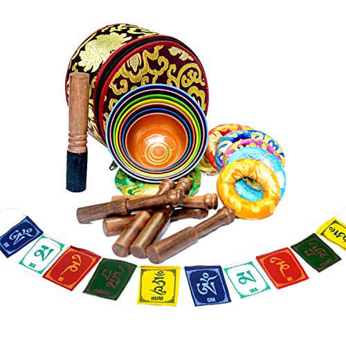 7-Metal Tibetan Singing Bowl Set with Chakra Colors