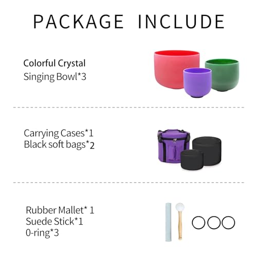 Set of 3 Crystal Singing Bowls in Multiple Colors