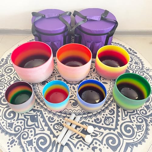 7pc Quartz Frosted Crystal Singing Bowls Set & Bags