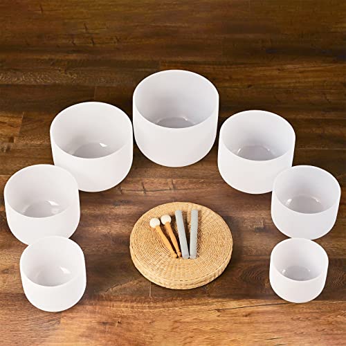 Set of 7 Frosted Quartz Crystal Singing Bowls