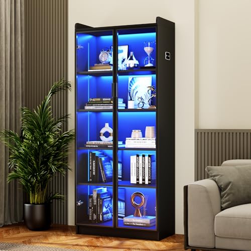 65" Tall Display Cabinet with Adjustable Shelves, LED Lights
