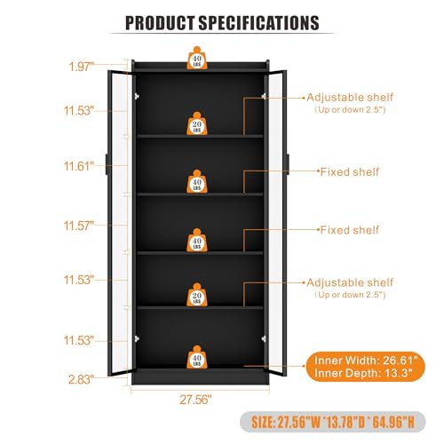 65" Tall Display Cabinet with Adjustable Shelves, LED Lights